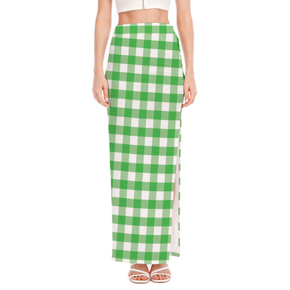 Green And White Gingham Pattern Print High Slit Maxi Skirt
