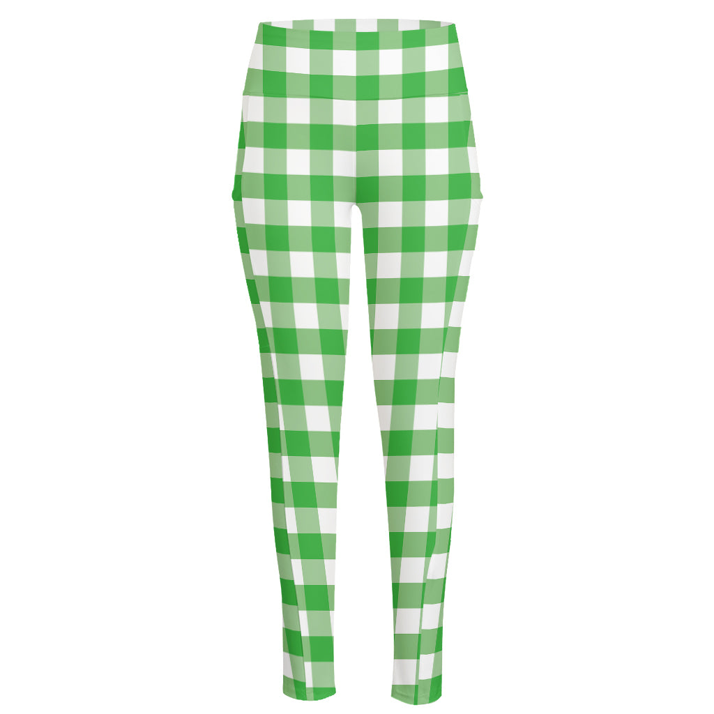 Green And White Gingham Pattern Print High-Waisted Pocket Leggings