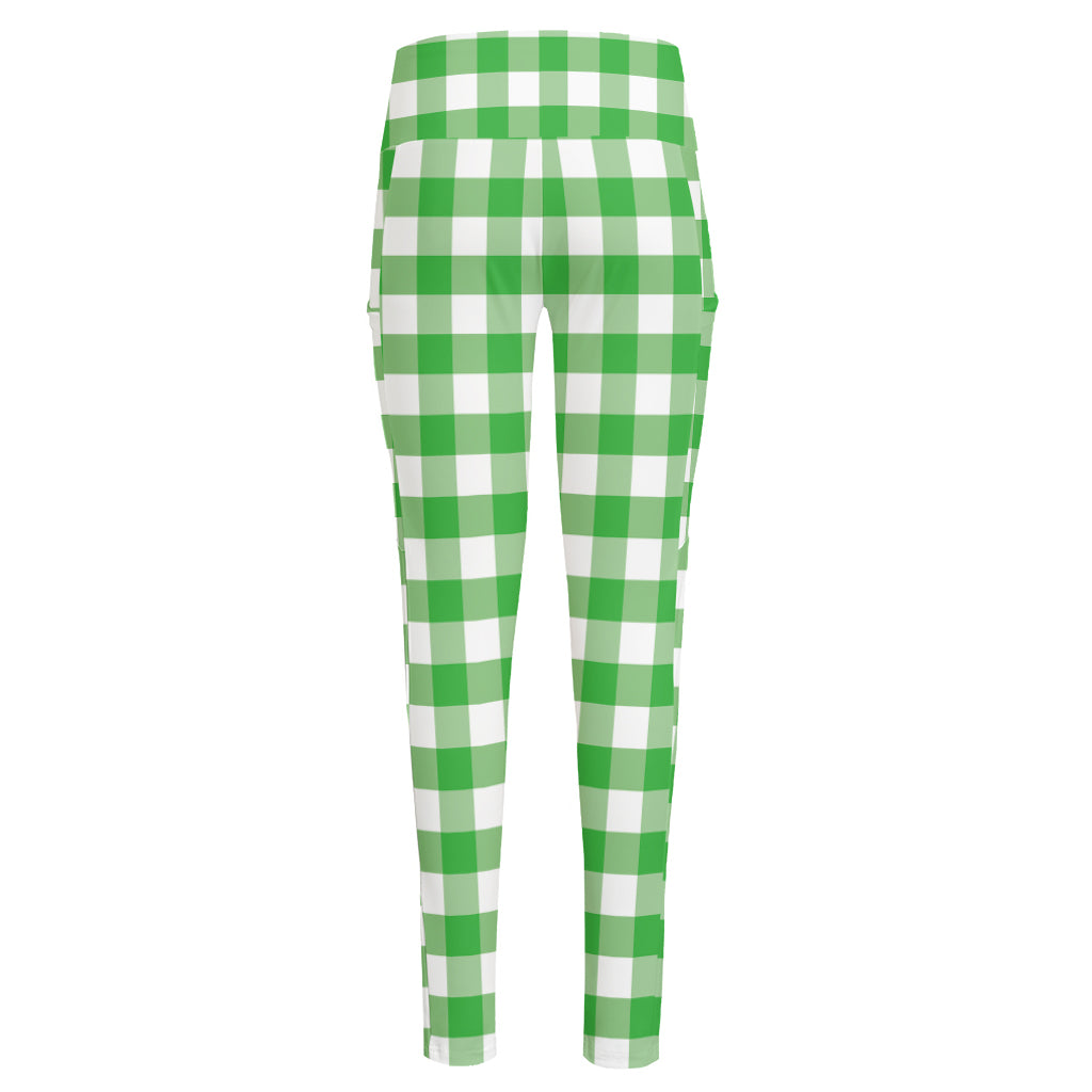 Green And White Gingham Pattern Print High-Waisted Pocket Leggings