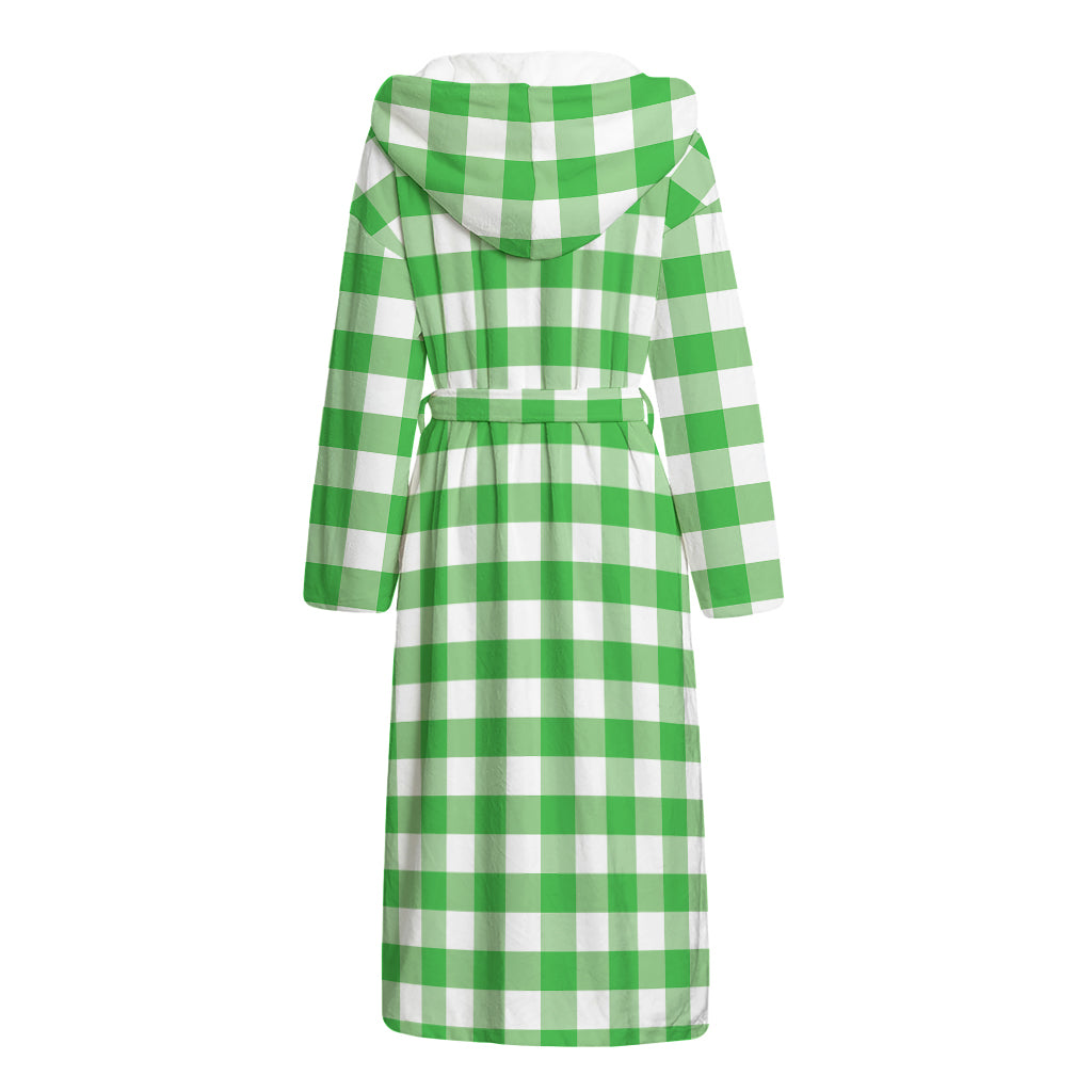 Green And White Gingham Pattern Print Hooded Bathrobe