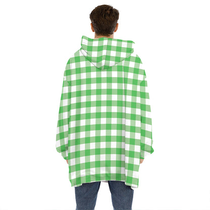 Green And White Gingham Pattern Print Hoodie Blanket