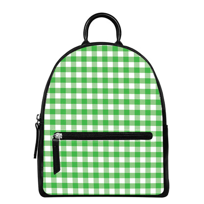 Green And White Gingham Pattern Print Leather Backpack