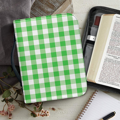 Green And White Gingham Pattern Print Leather Bible Cover