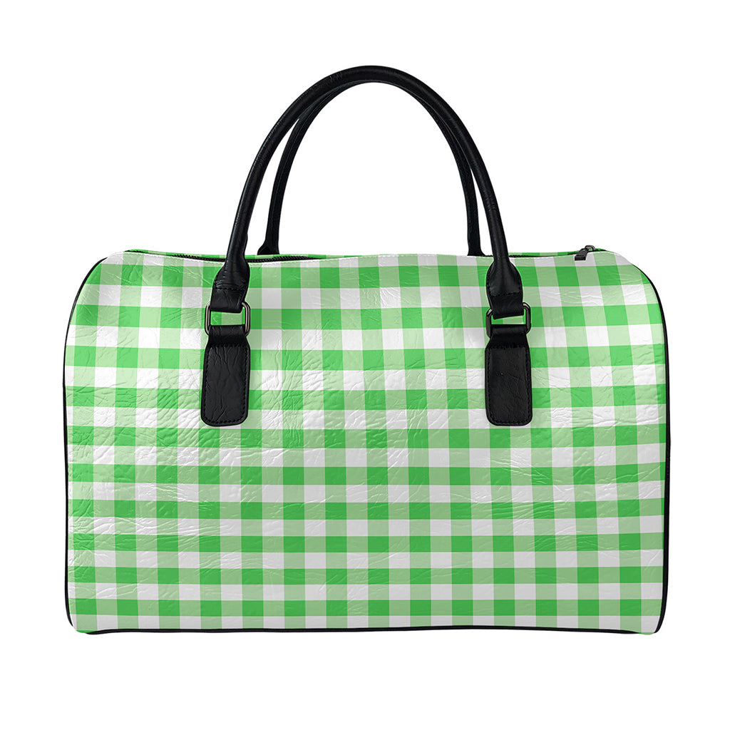 Green And White Gingham Pattern Print Leather Duffle Bag