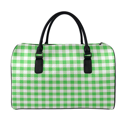 Green And White Gingham Pattern Print Leather Duffle Bag