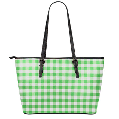 Green And White Gingham Pattern Print Leather Tote Bag