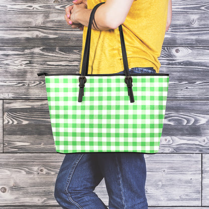 Green And White Gingham Pattern Print Leather Tote Bag