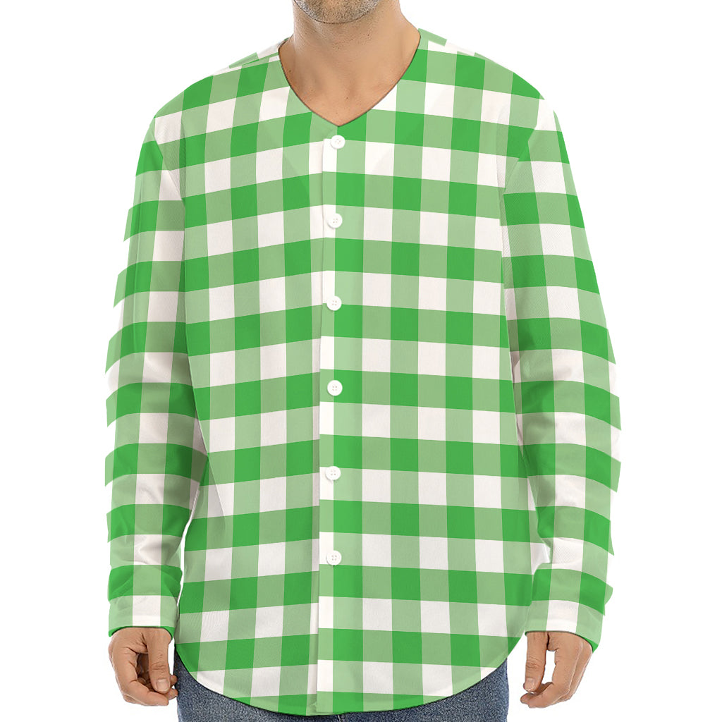 Green And White Gingham Pattern Print Long Sleeve Baseball Jersey