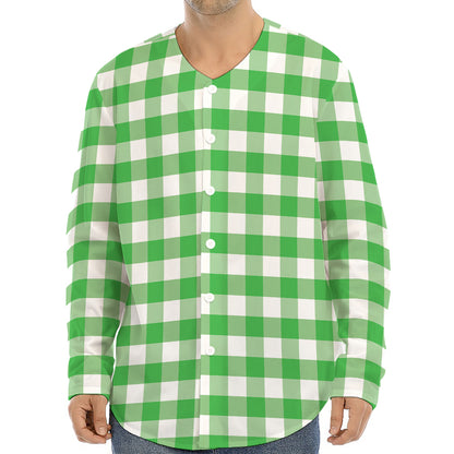 Green And White Gingham Pattern Print Long Sleeve Baseball Jersey