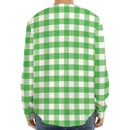 Green And White Gingham Pattern Print Long Sleeve Baseball Jersey