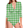 Green And White Gingham Pattern Print Long Sleeve Swimsuit
