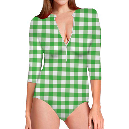 Green And White Gingham Pattern Print Long Sleeve Swimsuit