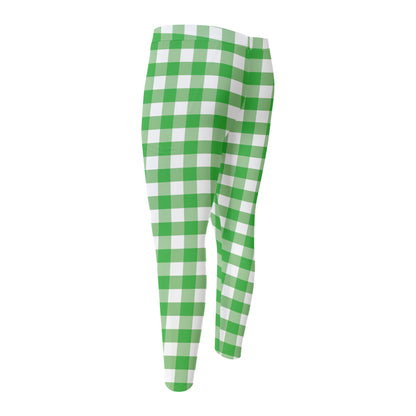 Green And White Gingham Pattern Print Men's Compression Pants