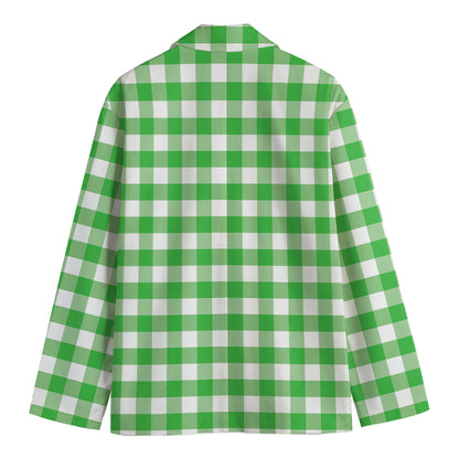Green And White Gingham Pattern Print Men's Cotton Blazer