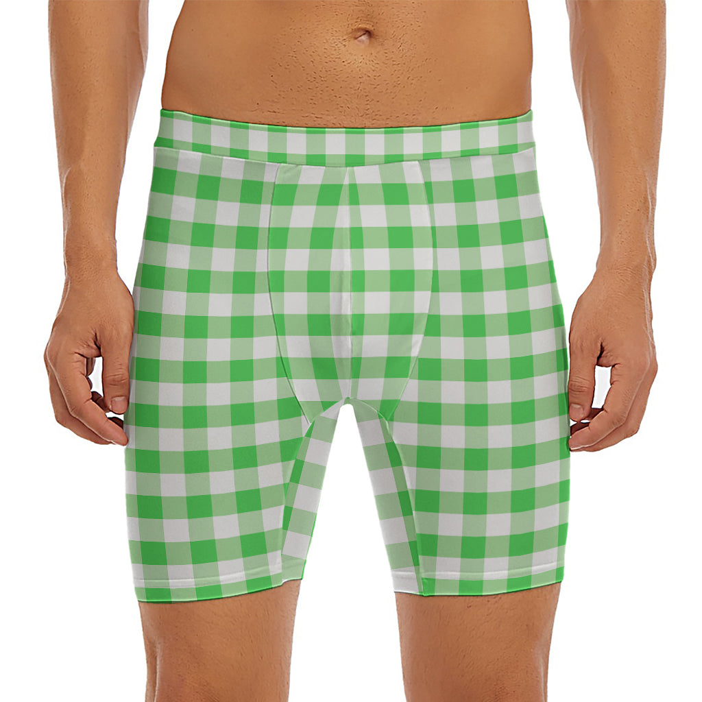Green And White Gingham Pattern Print Men's Long Boxer Briefs
