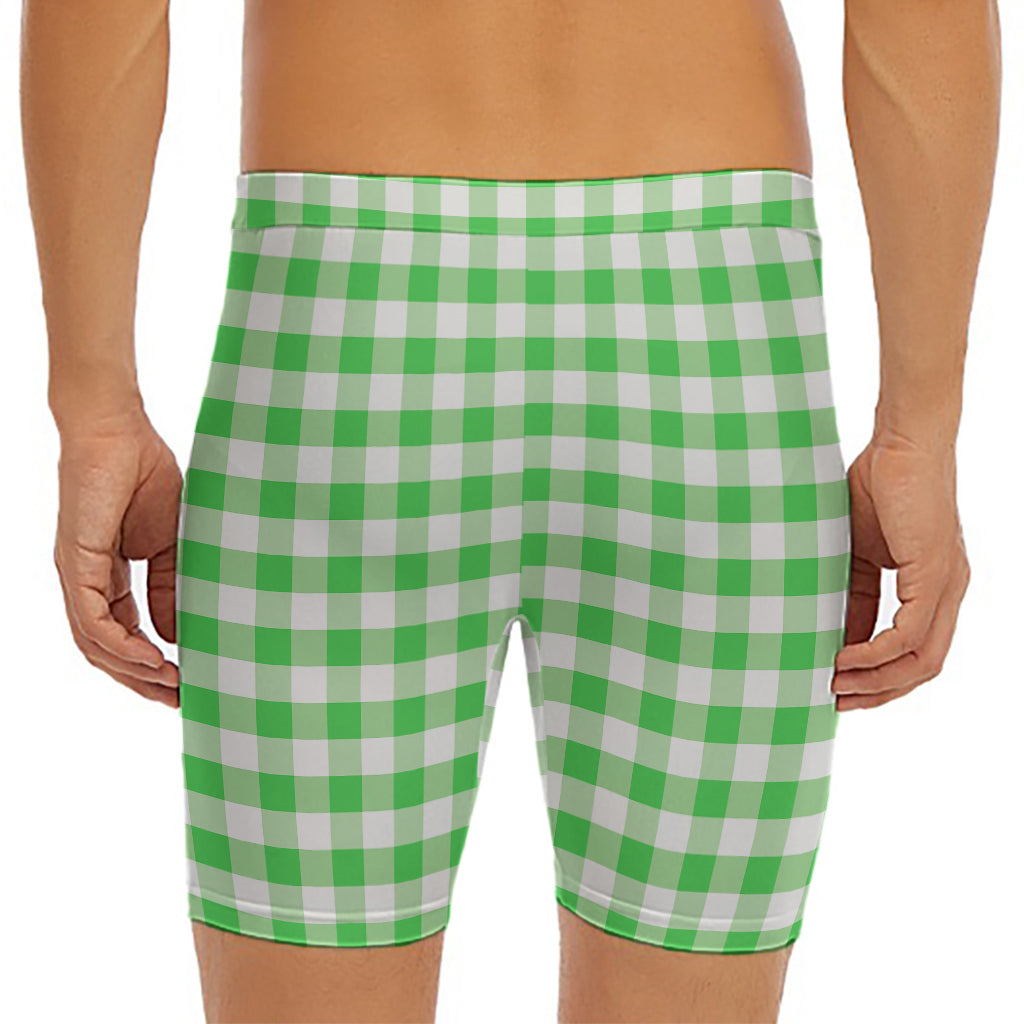 Green And White Gingham Pattern Print Men's Long Boxer Briefs