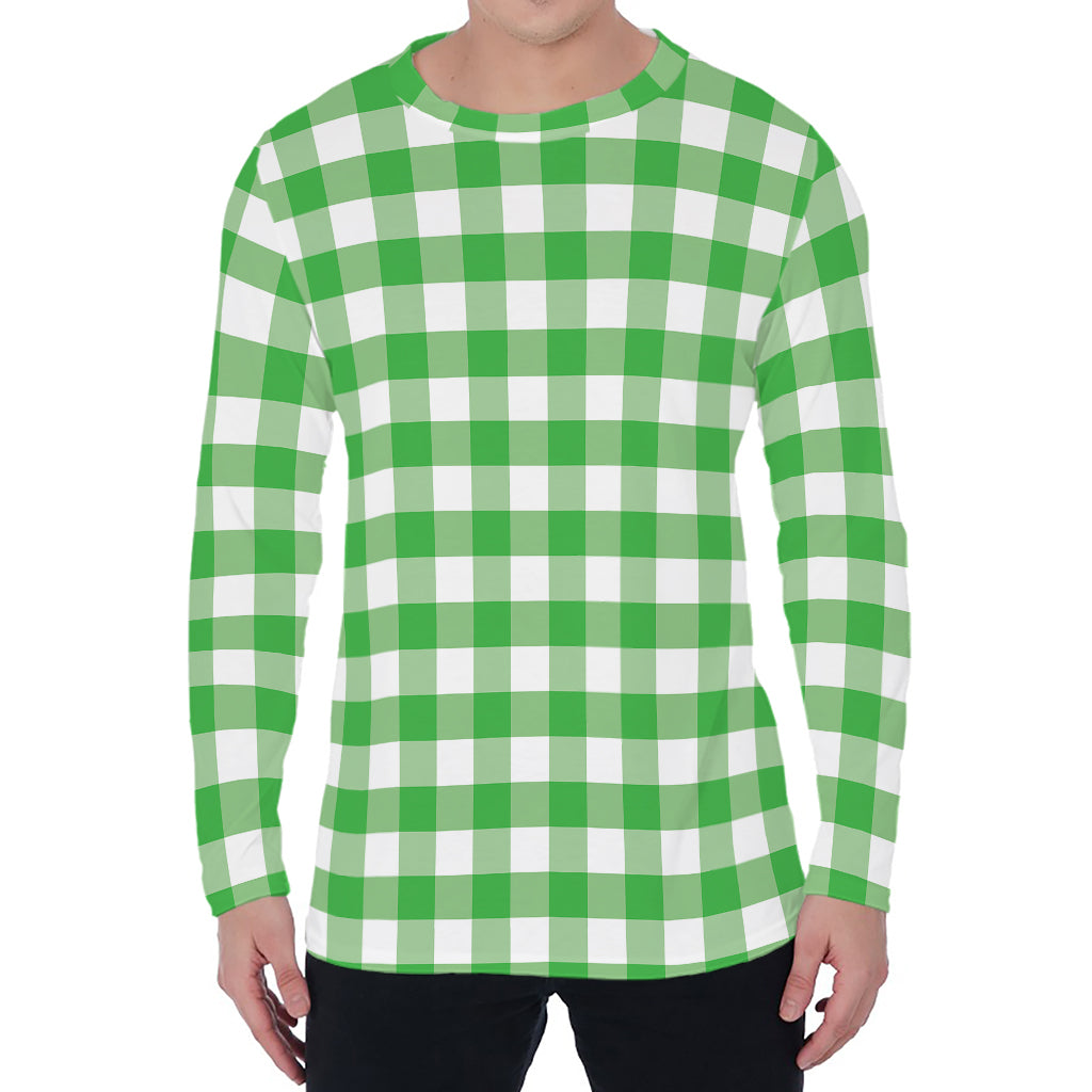 Green And White Gingham Pattern Print Men's Long Sleeve T-Shirt