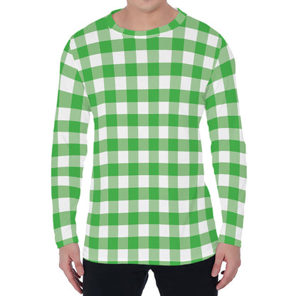 Green And White Gingham Pattern Print Men's Long Sleeve T-Shirt