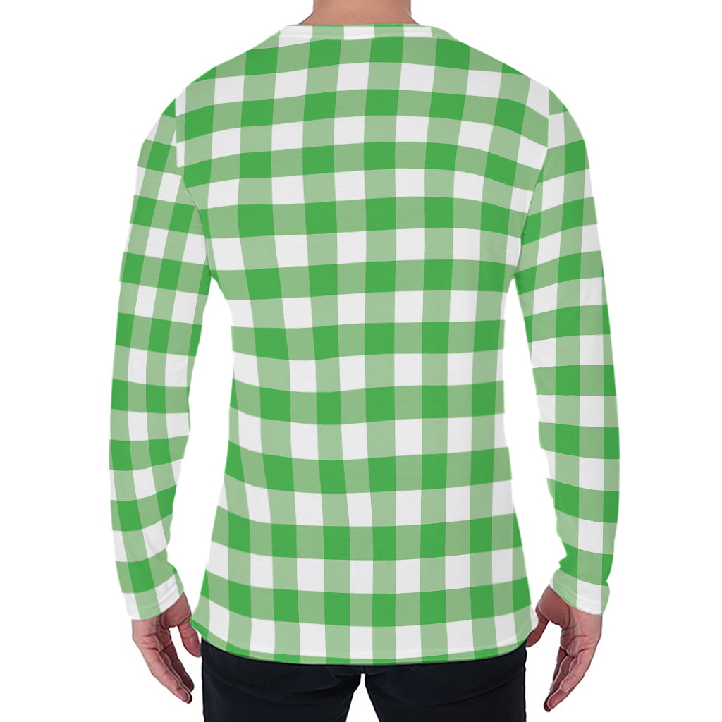 Green And White Gingham Pattern Print Men's Long Sleeve T-Shirt