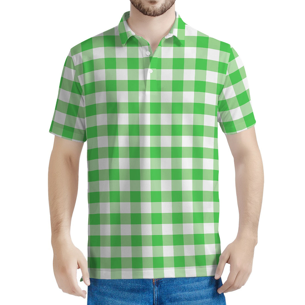 Green And White Gingham Pattern Print Men's Polo Shirt