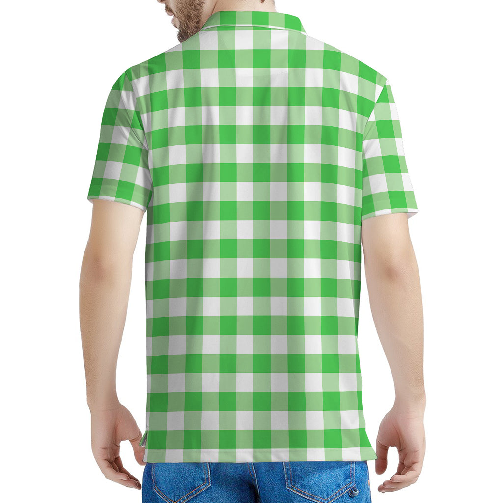 Green And White Gingham Pattern Print Men's Polo Shirt