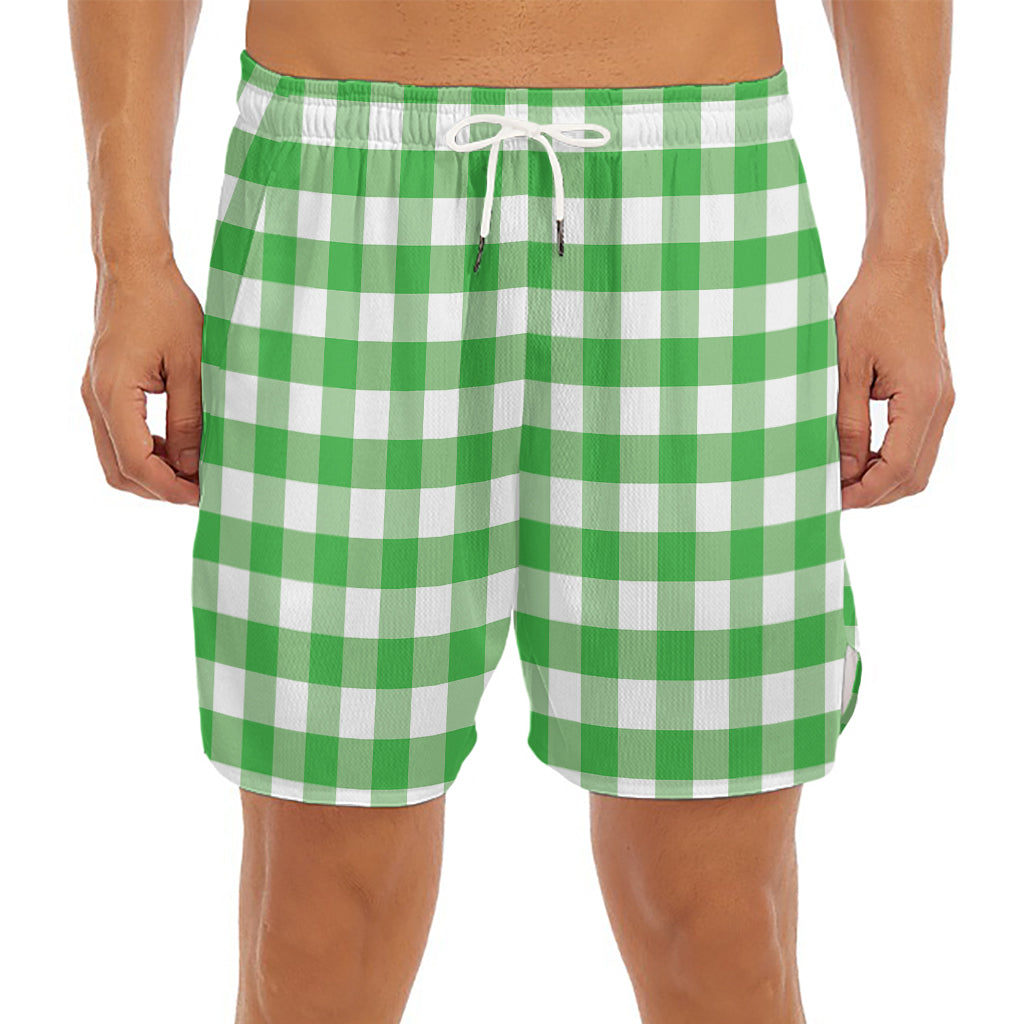 Green And White Gingham Pattern Print Men's Split Running Shorts
