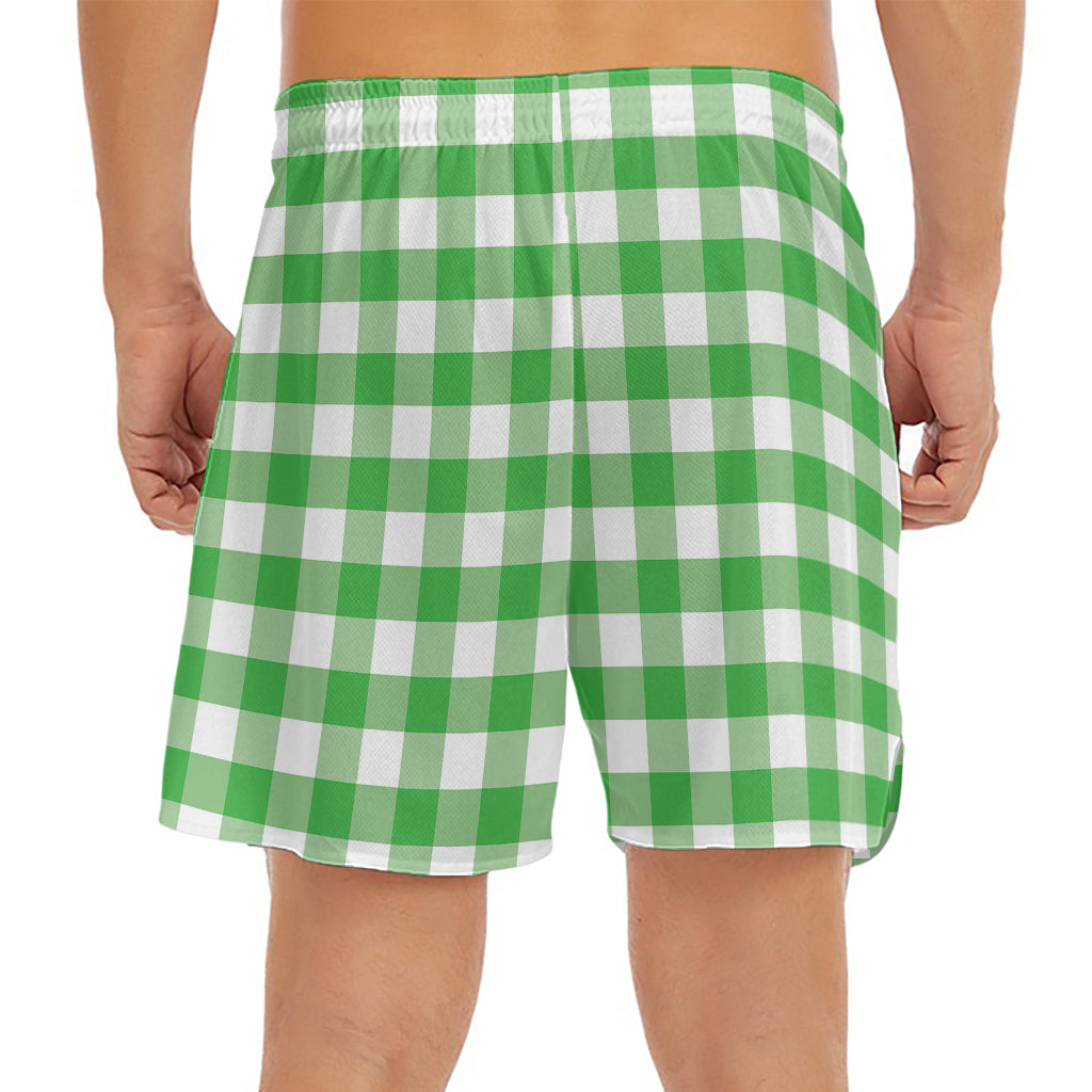 Green And White Gingham Pattern Print Men's Split Running Shorts