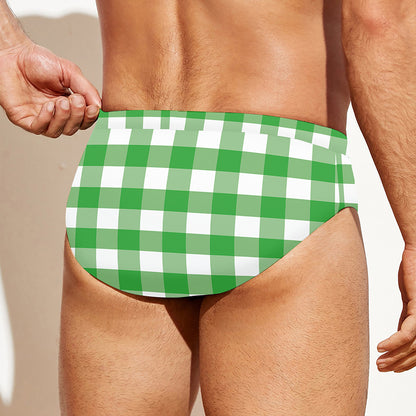 Green And White Gingham Pattern Print Men's Swim Briefs
