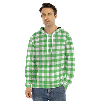 Green And White Gingham Pattern Print Men's Velvet Pullover Hoodie