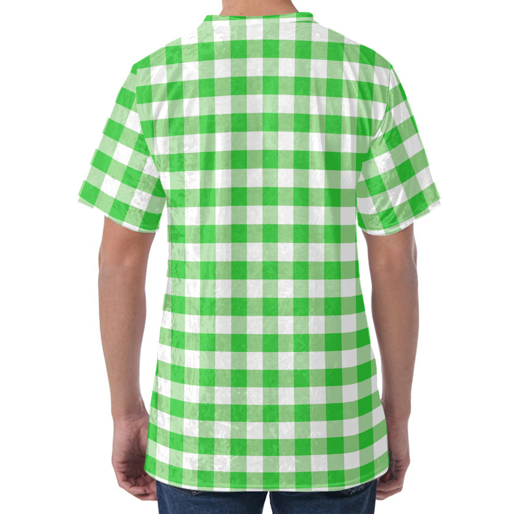 Green And White Gingham Pattern Print Men's Velvet T-Shirt