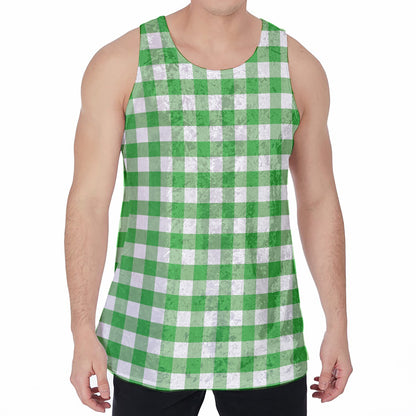 Green And White Gingham Pattern Print Men's Velvet Tank Top