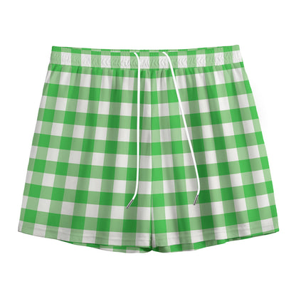 Green And White Gingham Pattern Print Mesh Shorts