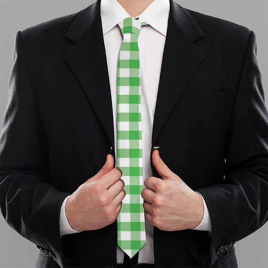 Green And White Gingham Pattern Print Necktie