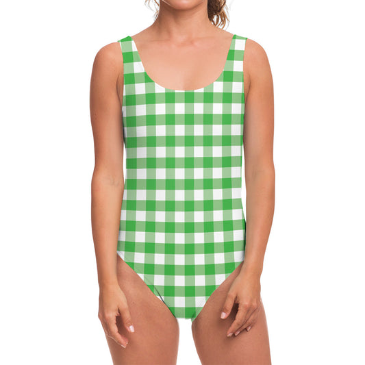 Green And White Gingham Pattern Print One Piece Swimsuit