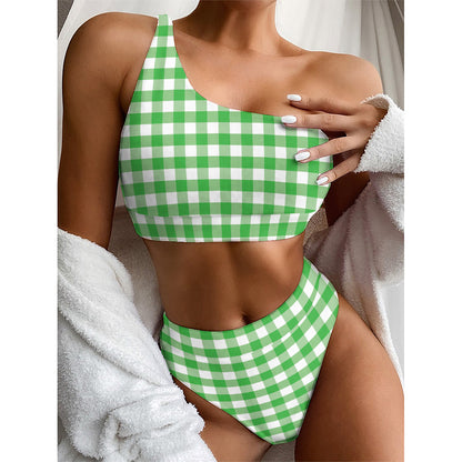 Green And White Gingham Pattern Print One Shoulder Bikini Top