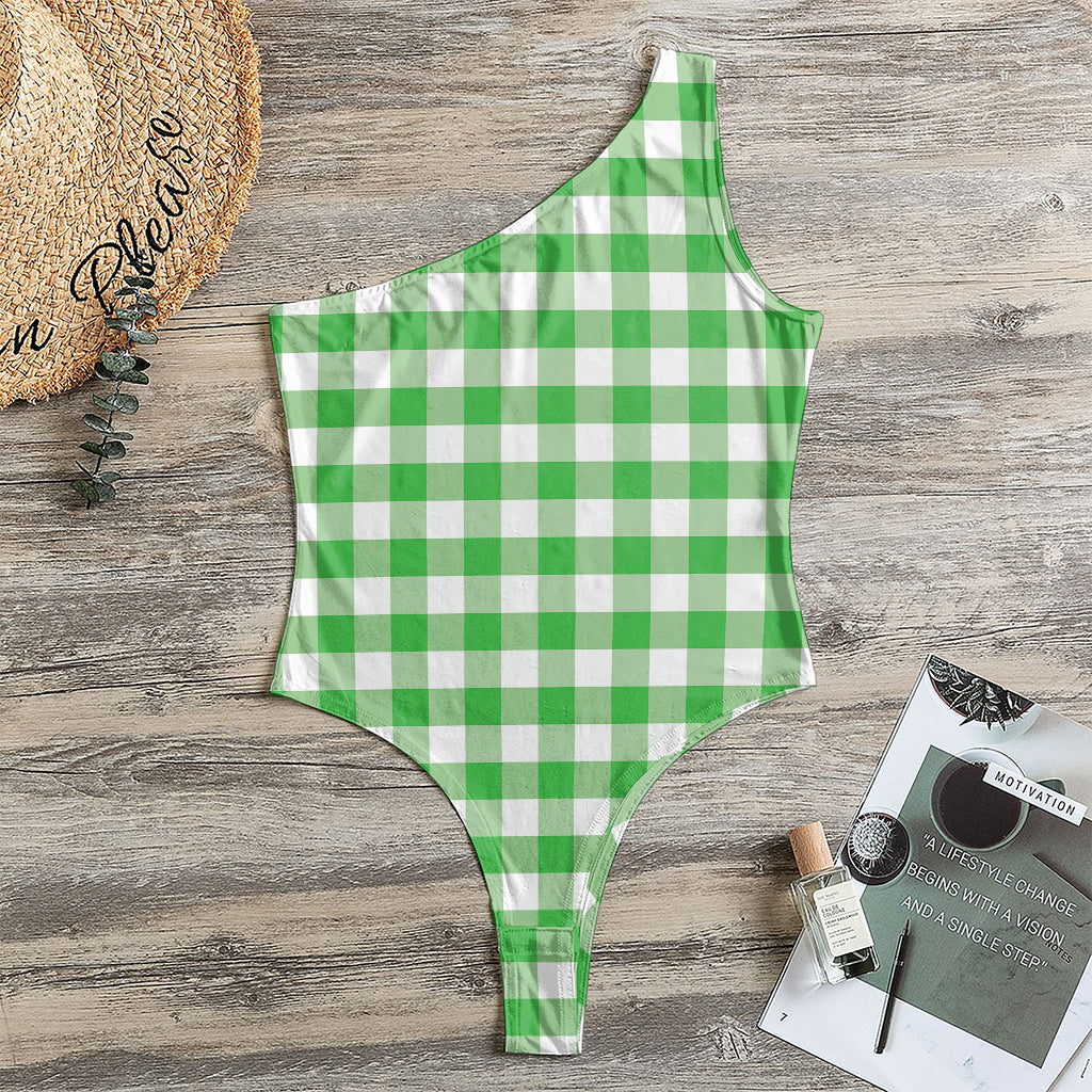 Green And White Gingham Pattern Print One Shoulder Bodysuit