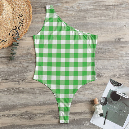 Green And White Gingham Pattern Print One Shoulder Bodysuit