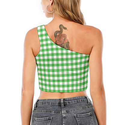 Green And White Gingham Pattern Print One Shoulder Crop Top