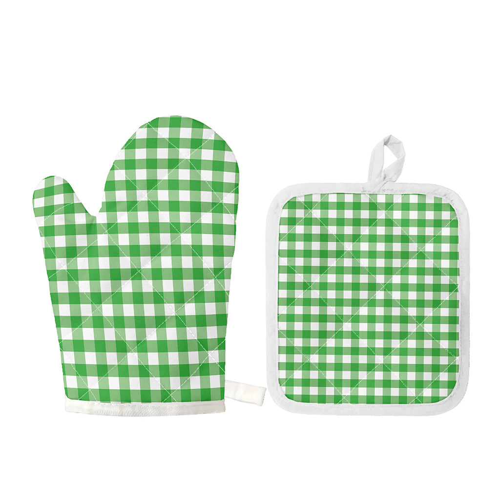 Green And White Gingham Pattern Print Oven Mitt And Pot Holder Set