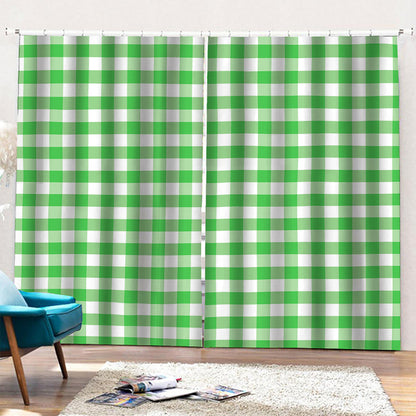 Green And White Gingham Pattern Print Pencil Pleat Curtains