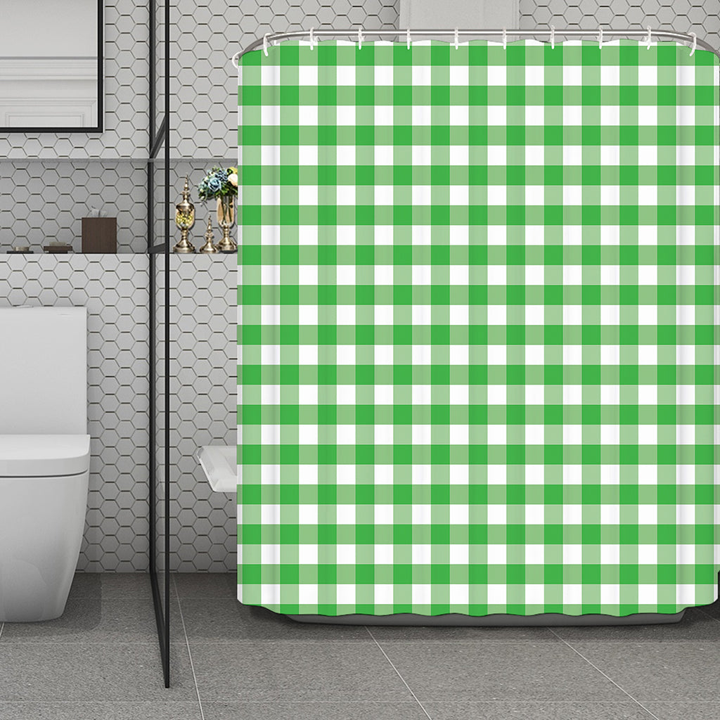 Green And White Gingham Pattern Print Polyester Shower Curtain