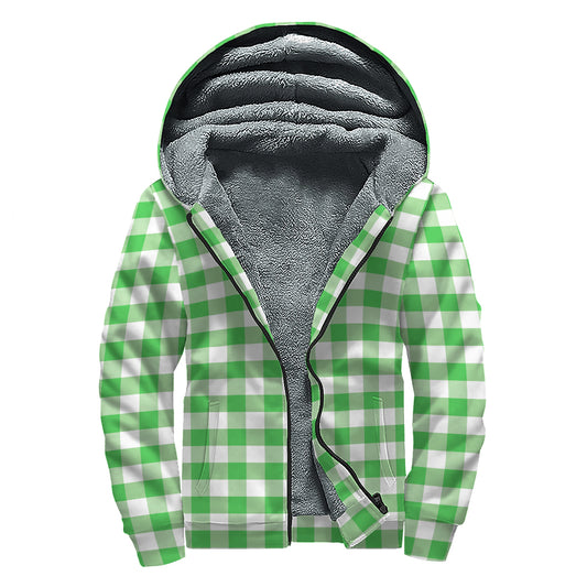 Green And White Gingham Pattern Print Sherpa Lined Zip Up Hoodie