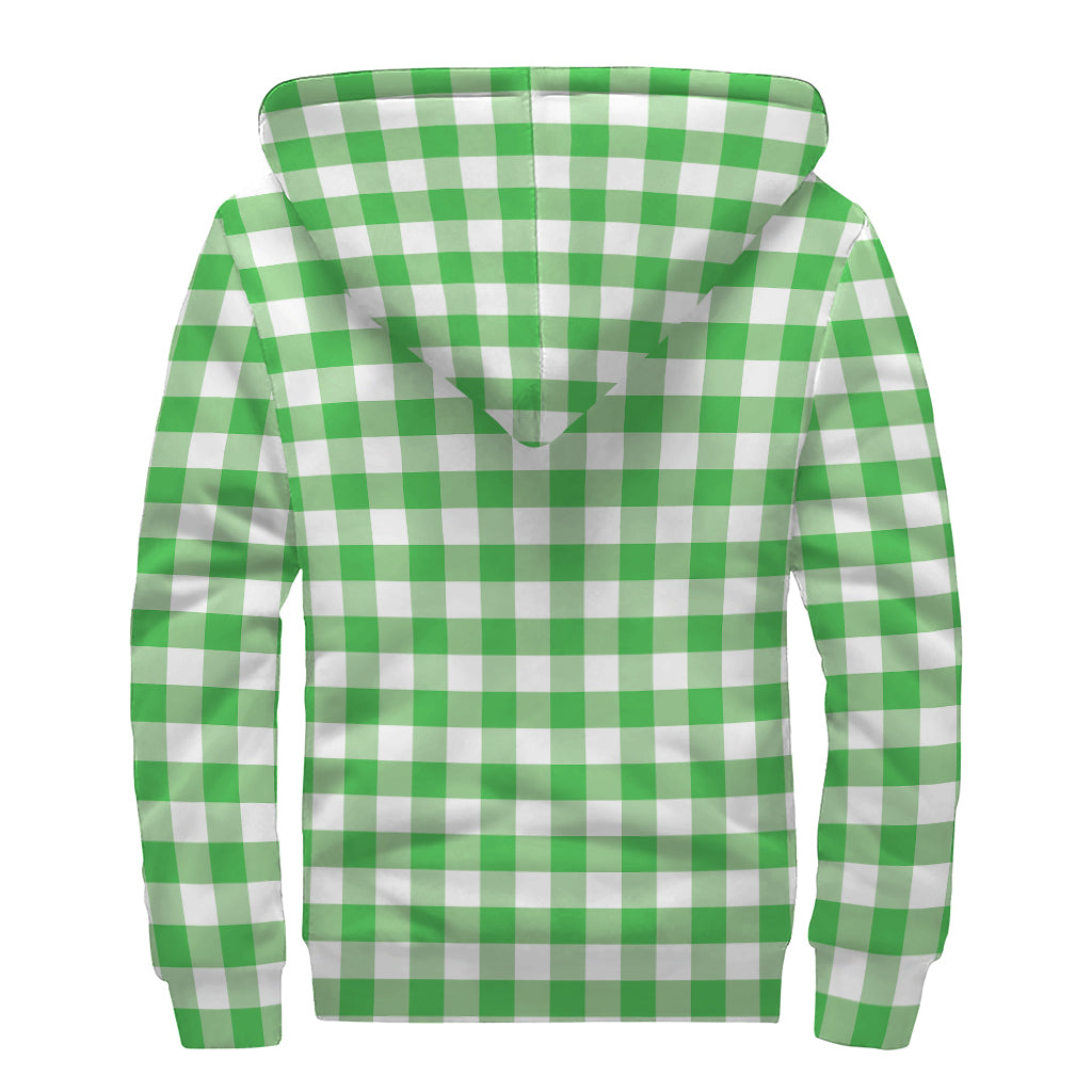 Green And White Gingham Pattern Print Sherpa Lined Zip Up Hoodie