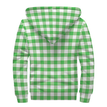 Green And White Gingham Pattern Print Sherpa Lined Zip Up Hoodie