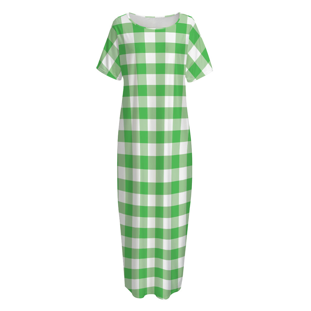 Green And White Gingham Pattern Print Short Sleeve Long Nightdress