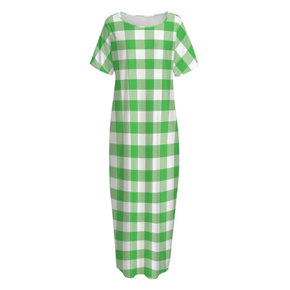 Green And White Gingham Pattern Print Short Sleeve Long Nightdress