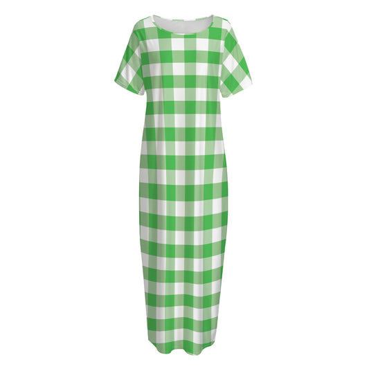 Green And White Gingham Pattern Print Short Sleeve Long Nightdress
