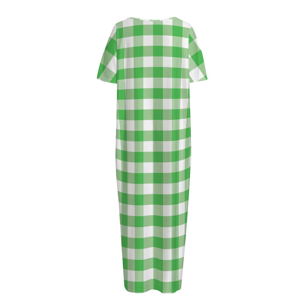 Green And White Gingham Pattern Print Short Sleeve Long Nightdress