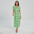 Green And White Gingham Pattern Print Short Sleeve Maxi Dress