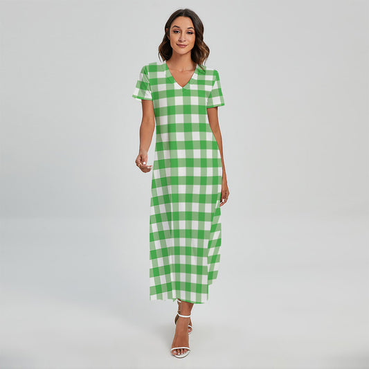 Green And White Gingham Pattern Print Short Sleeve Maxi Dress